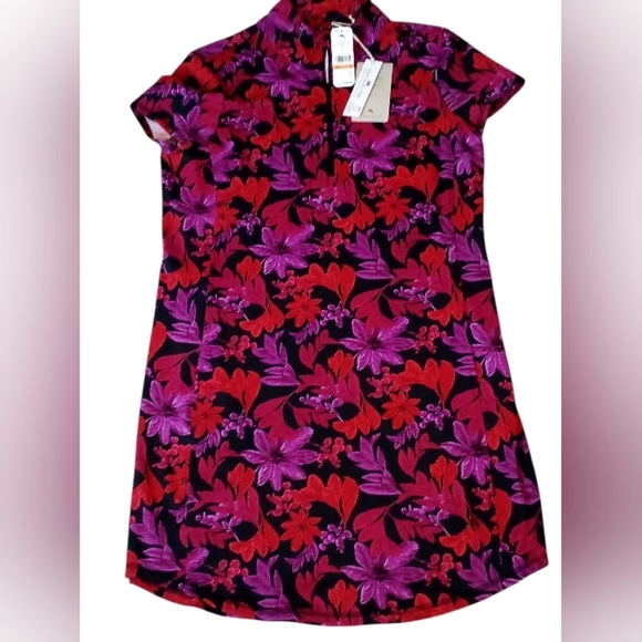 Tommy Bahama -NWT Black Shift Dress W/Red & Purple Floral Print, Short Sleeve - Picture 3 of 11